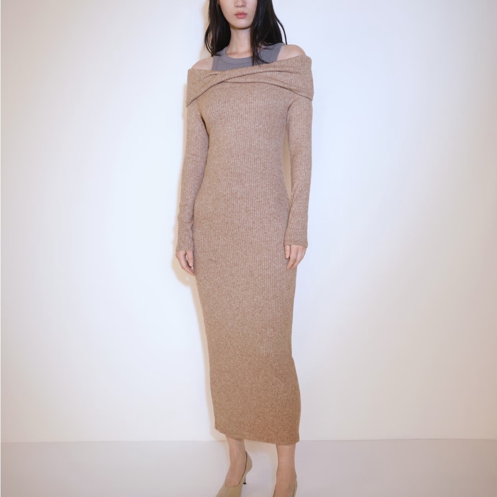Mango Tan Off-Shoulder Long Sleeve Dress